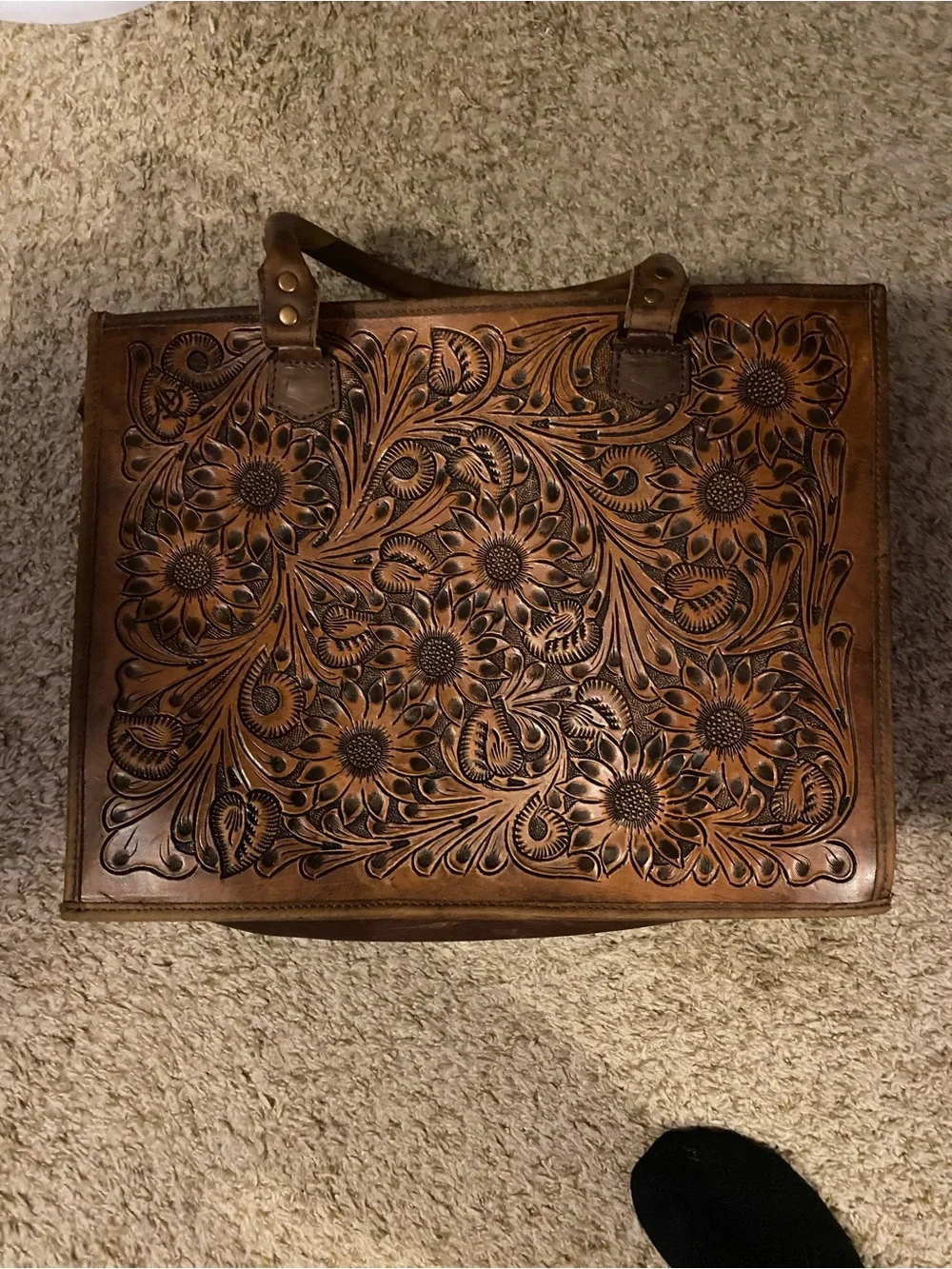 Hand-Tooled Floral Leather Tote Bag in Brown